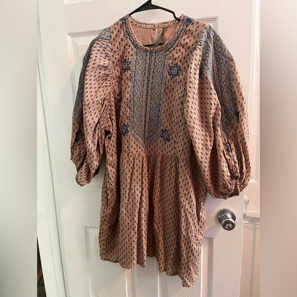 Anthropologie Womens Embroidered Boho Tunic Long Sleeve W/Pockets Mini Dress XL